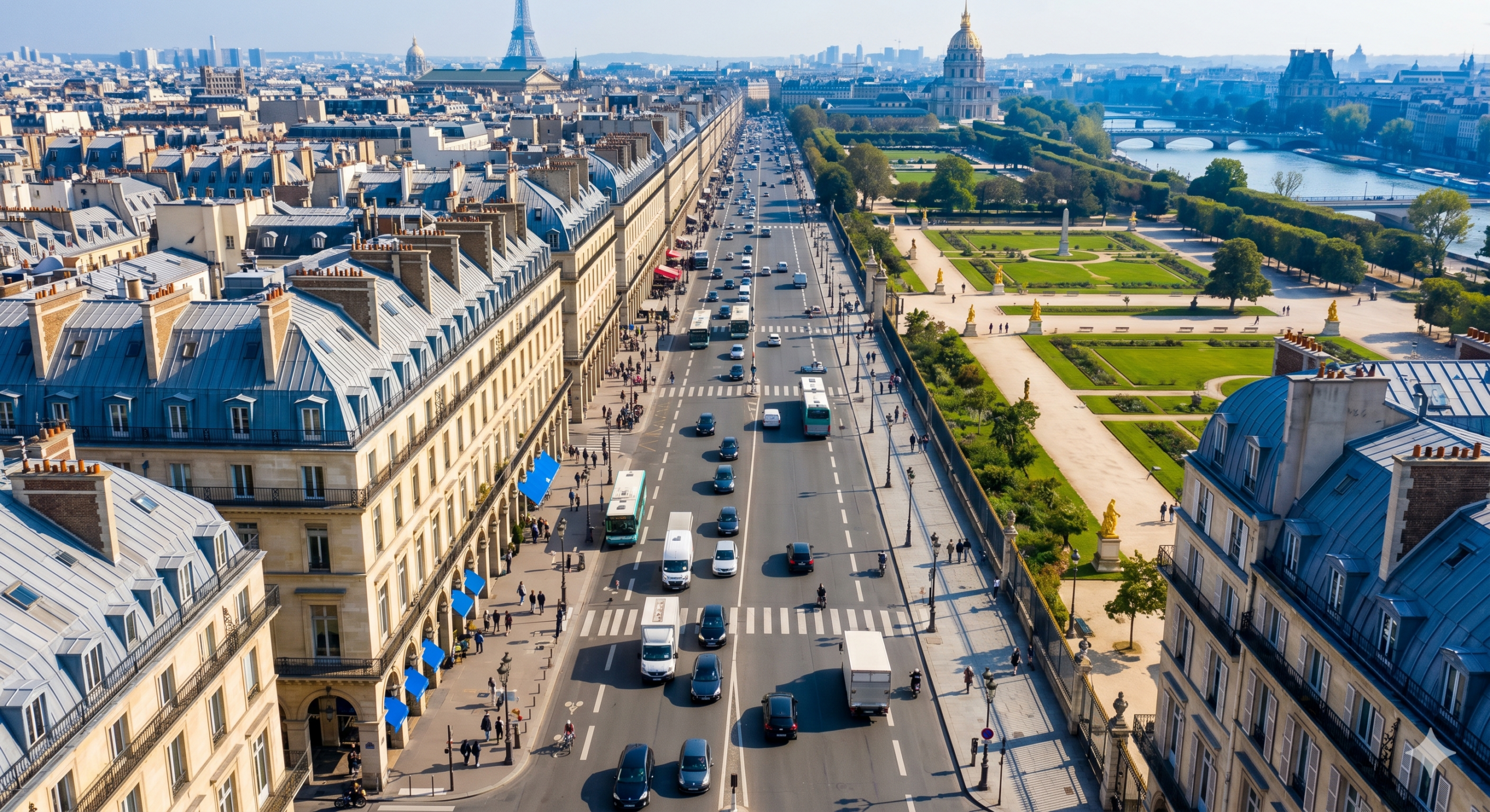Vue aérienne de la rue de Rivoli à Paris avec des véhicules en circulation